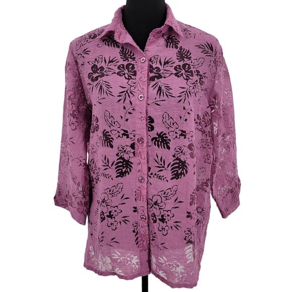 Salon Studio by Haband Top Size Medium Purple Sheer Floral Button Up Burnout - Picture 1 of 10